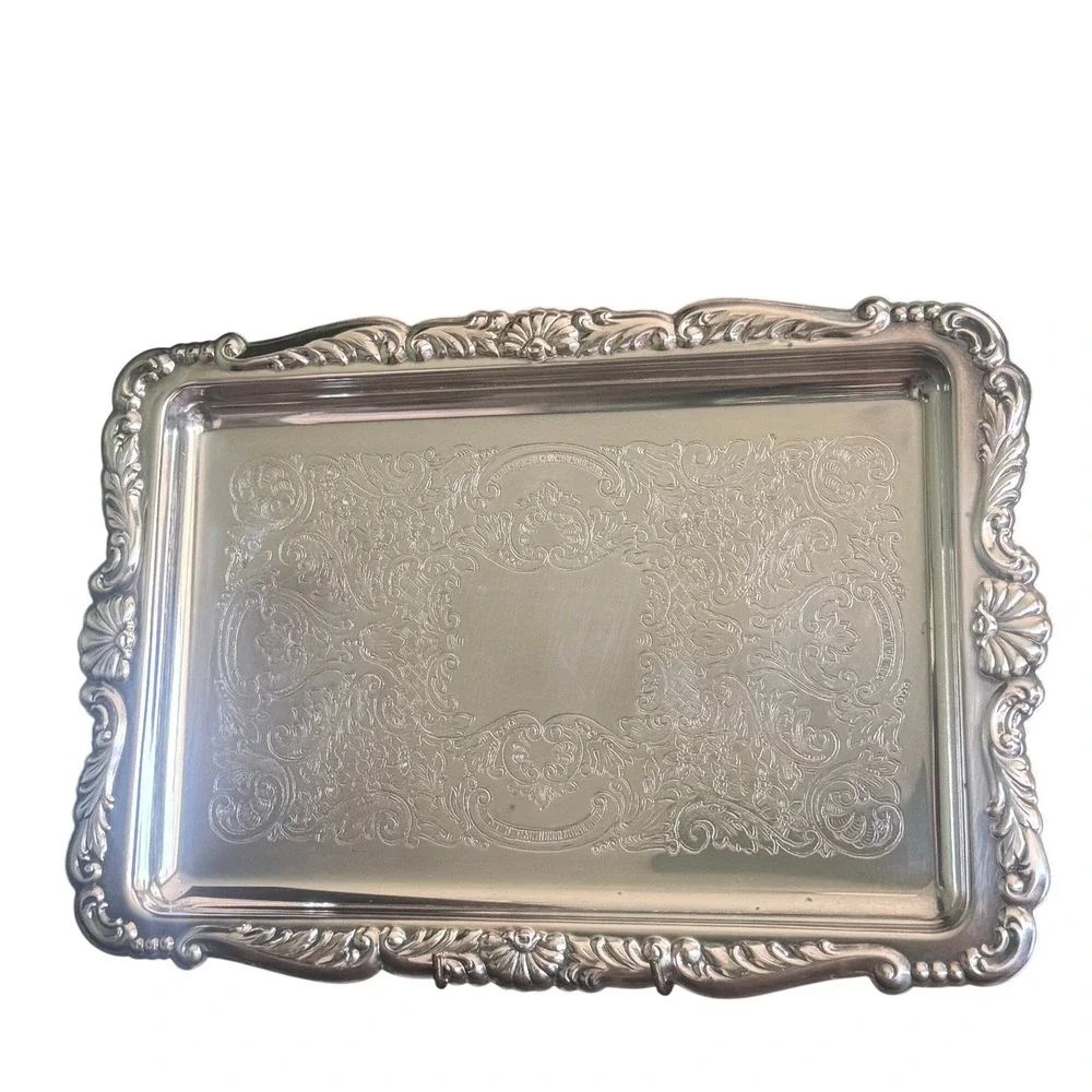Vintage Vintage Silver Plate Rectangular Serving Tray Etched Scroll Shells